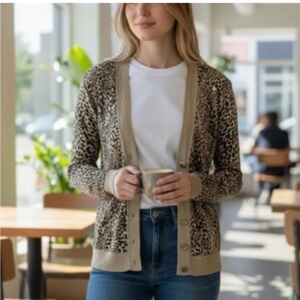 Talbots Animal Print Cardigan in Brown and Cream